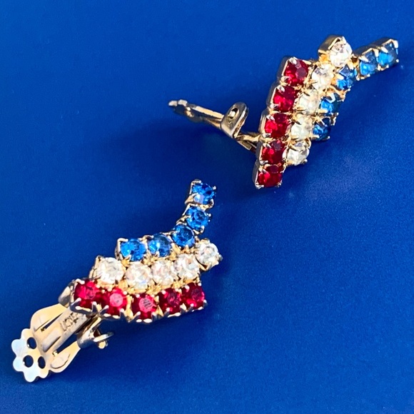 VTG Kramer New York Red/White/Blue Rhinestone Gold Tone Clip Earrings - Picture 3 of 9